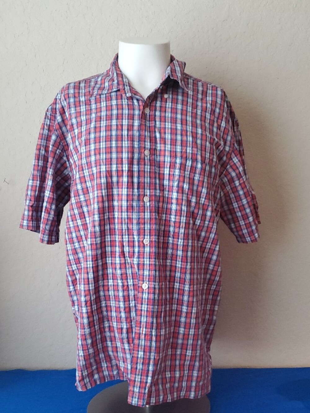 IZOD Jeans Mens Large Plaid Button Down Shirt Short Sleeve 100% Cotton Red Blue
